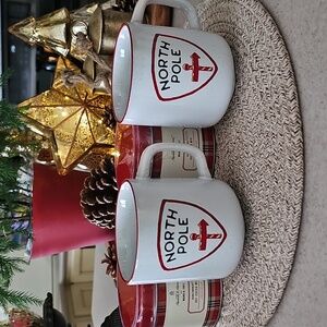 Set Of 2 Hearth And Hand North Pole White Mugs And Canisters Of Hot Cocoa